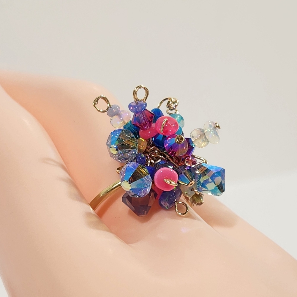 ◇ Genuine Artisan 14KGF With Ethiopian Opals & Swarovski Crystals Cluster Ring